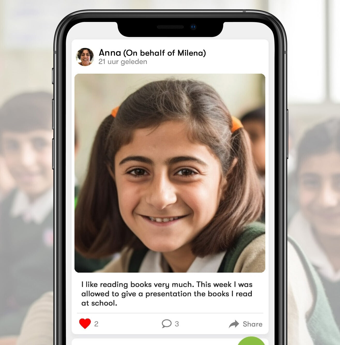 Photo moment of Milena in class, showing the moment in the Nofam app. Visible is her face, the number of likes and comments.